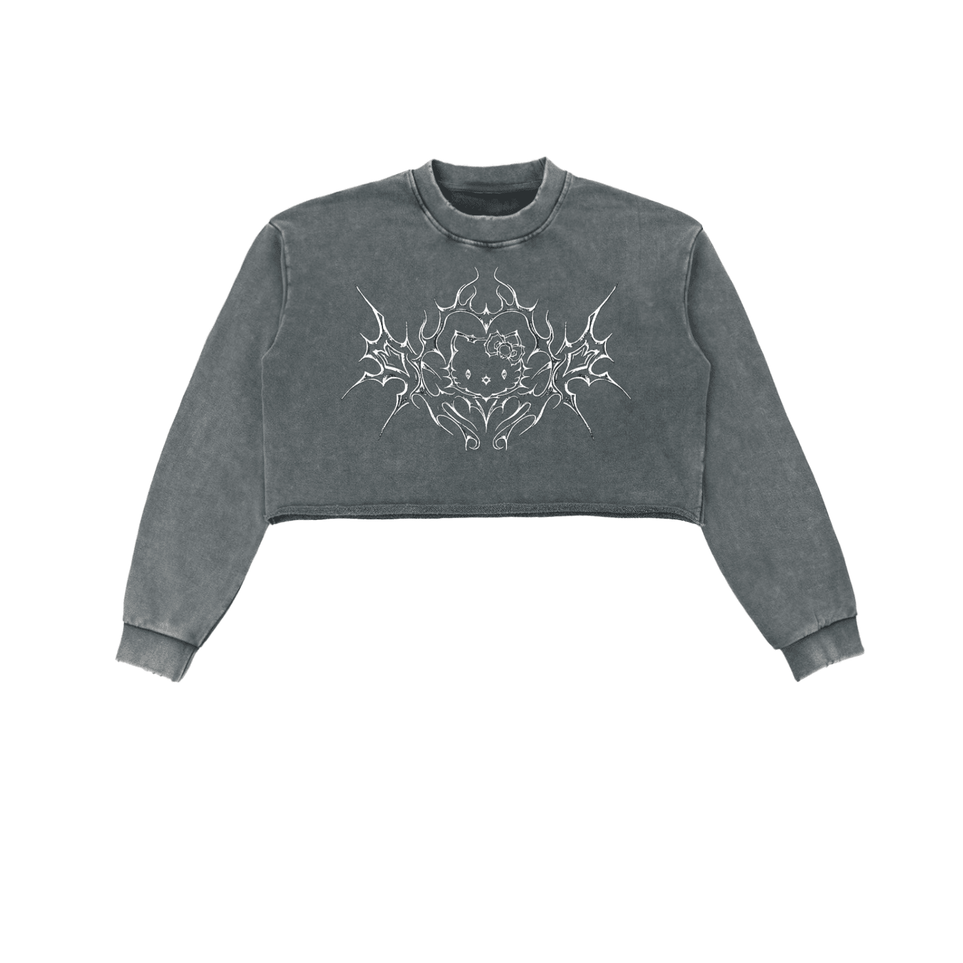Cyber Kitty Washed Raw Edge Crop Sweatshirt - The Shadow Archive