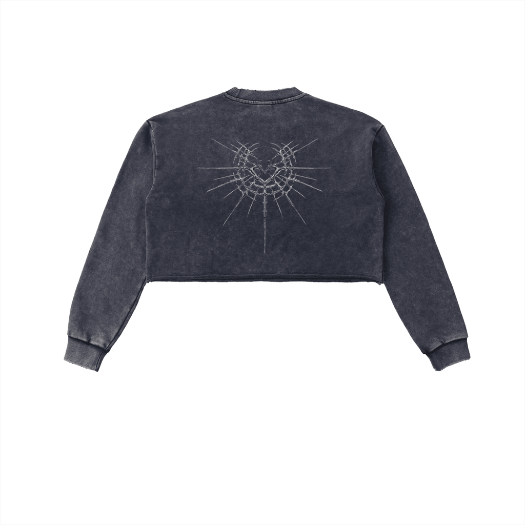 Cyber Kitty Washed Raw Edge Crop Sweatshirt - The Shadow Archive