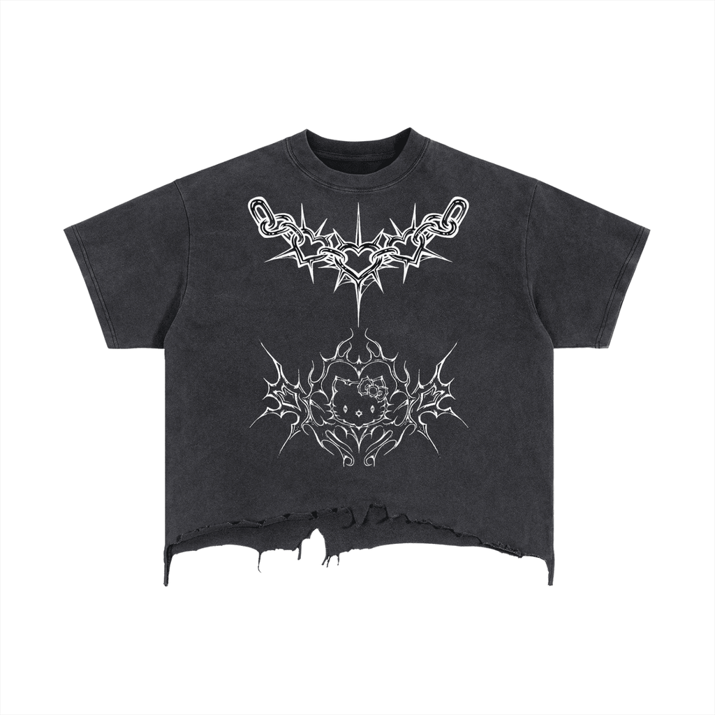 Punk Kitty Washed Distressed Hem T-Shirt - The Shadow Archive