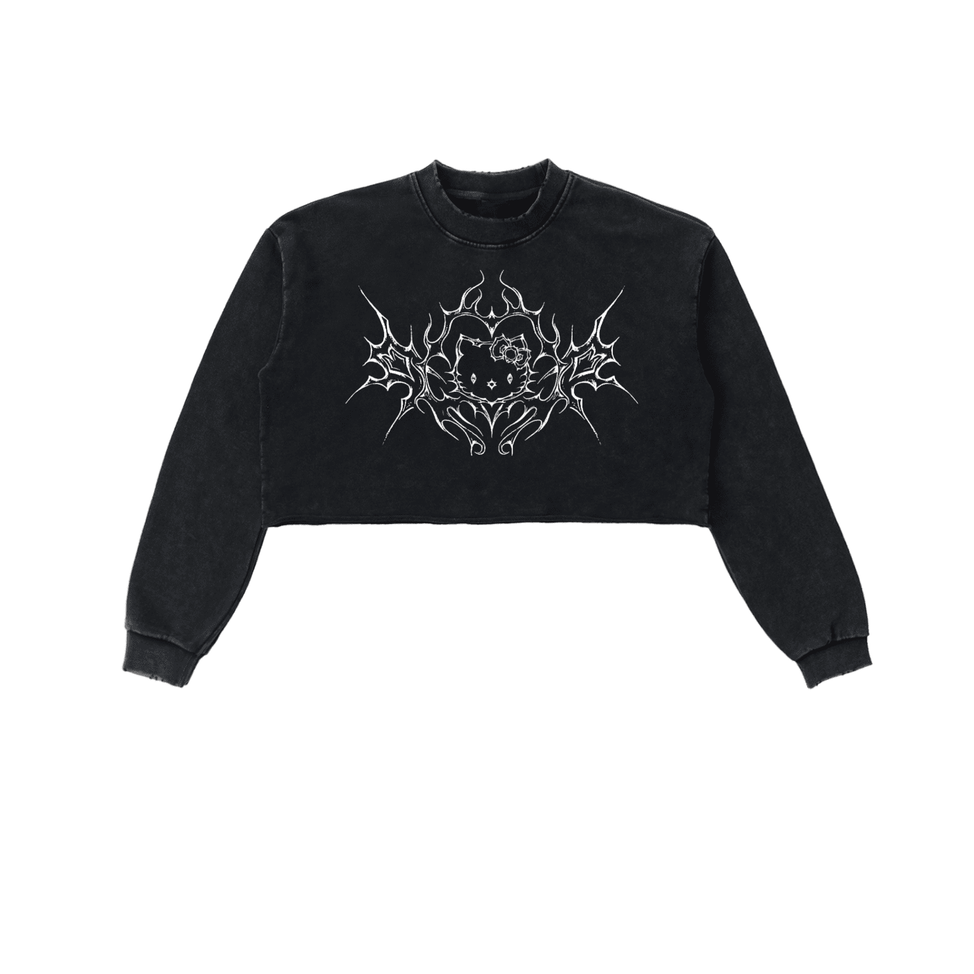Cyber Kitty Washed Raw Edge Crop Sweatshirt - The Shadow Archive