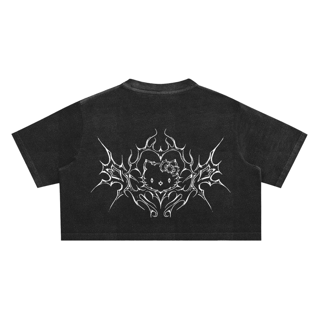 Cyber Kitty Washed Crop Top - The Shadow Archive