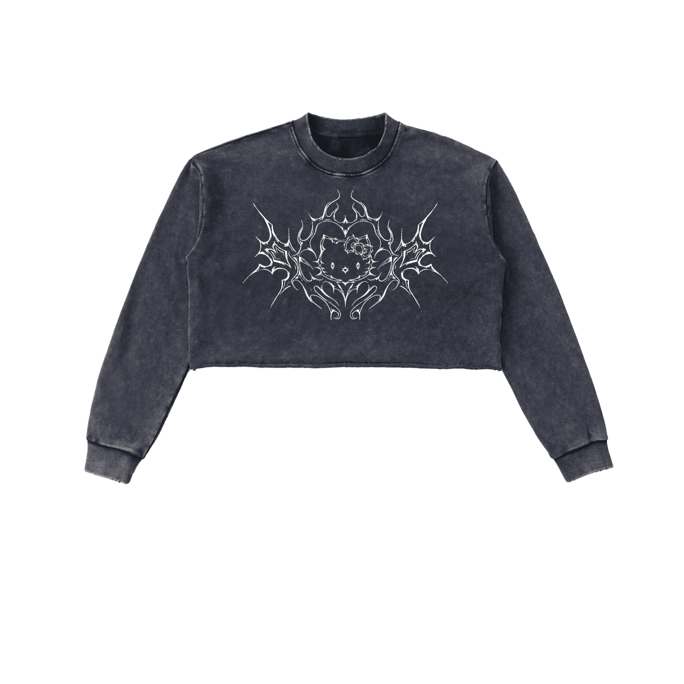 Cyber Kitty Washed Raw Edge Crop Sweatshirt - The Shadow Archive