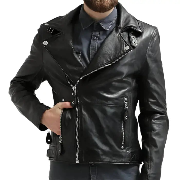 Men’s Black Leather Motorcycle Jacket - The Shadow Archive
