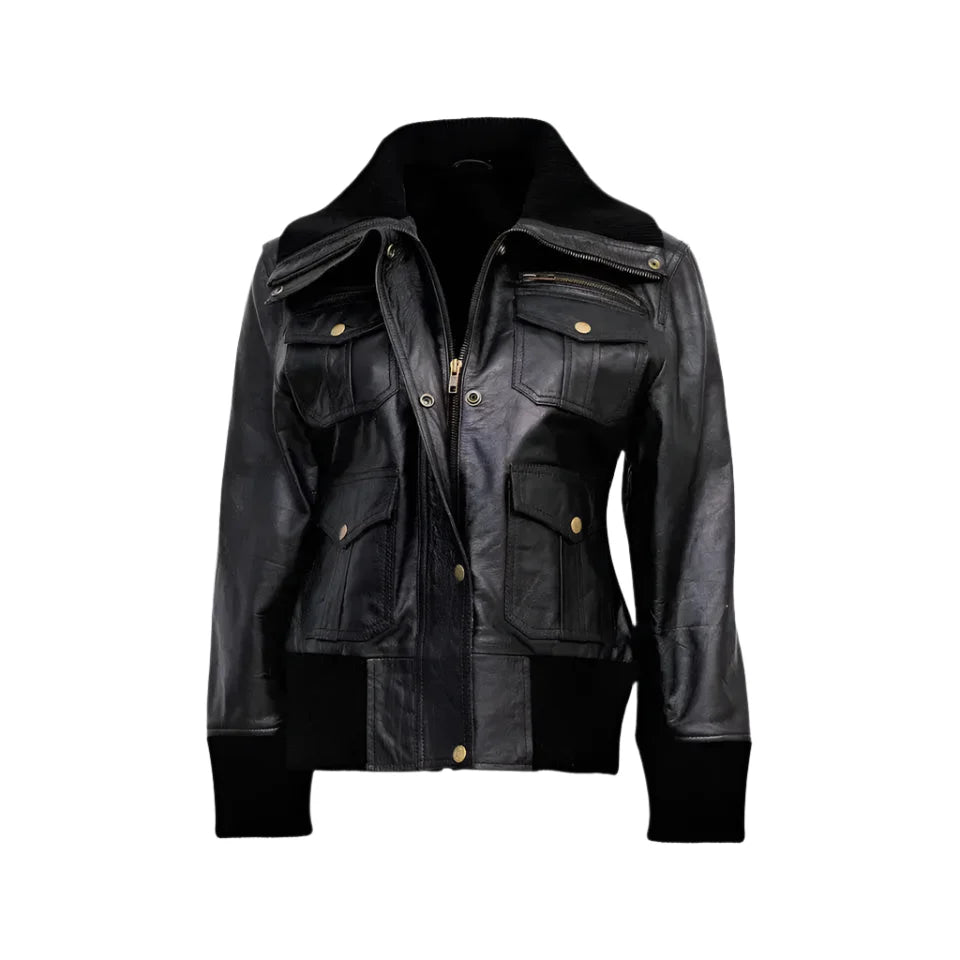 Women’s Black Leather Four - Pocket Bomber Jacket - The Shadow Archive