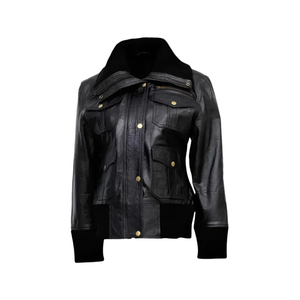 Women’s Black Leather Four - Pocket Bomber Jacket - The Shadow Archive